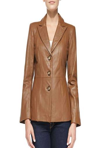 Women's lambskin brown leather formal blazer jacket