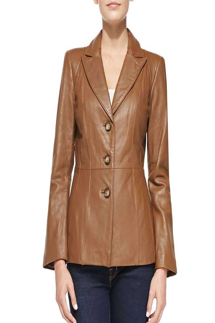 Women's lambskin brown leather formal blazer jacket