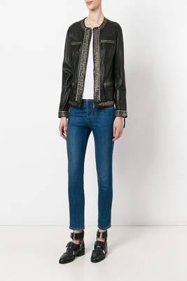 women's black studded leather zip front biker jacket 1