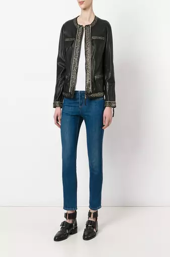 Women’s black studded real leather jacket stylish zip front biker jacket