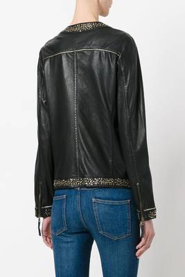 women's black studded leather zip front biker jacket 2