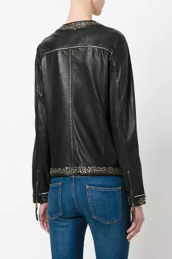women's black studded leather zip front biker jacket