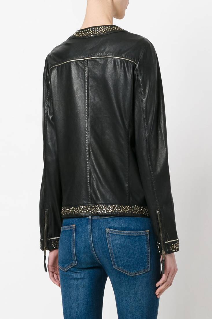 Women’s black studded real leather jacket stylish zip front biker jacket