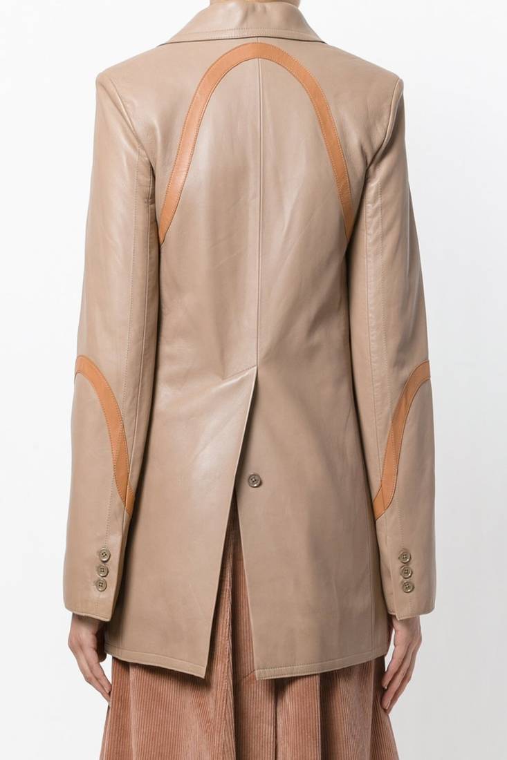 Women’s beige real lambskin leather long blazer jacket