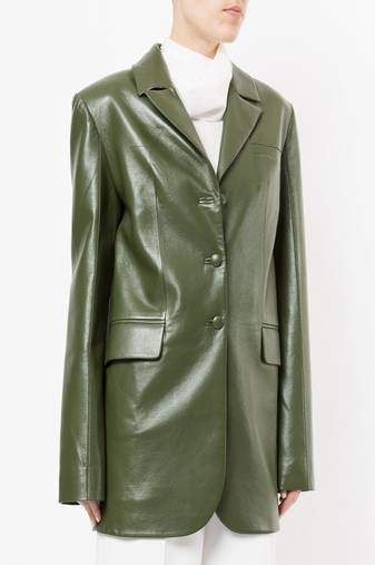 Women’s olive green real leather blazer jacket longline button front coat