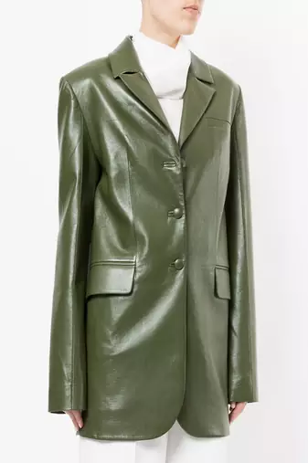 Women’s olive green real leather blazer jacket longline button front coat
