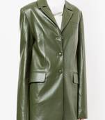 Women’s olive green real leather blazer jacket longline button front coat