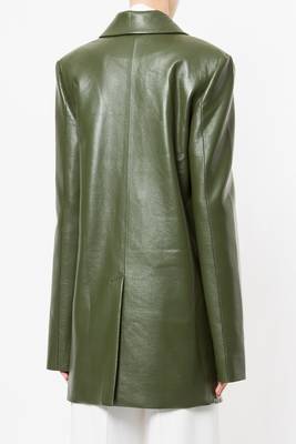 women's olive green real leather longline blazer coat 2