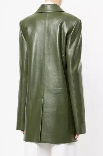 women's olive green real leather longline blazer coat
