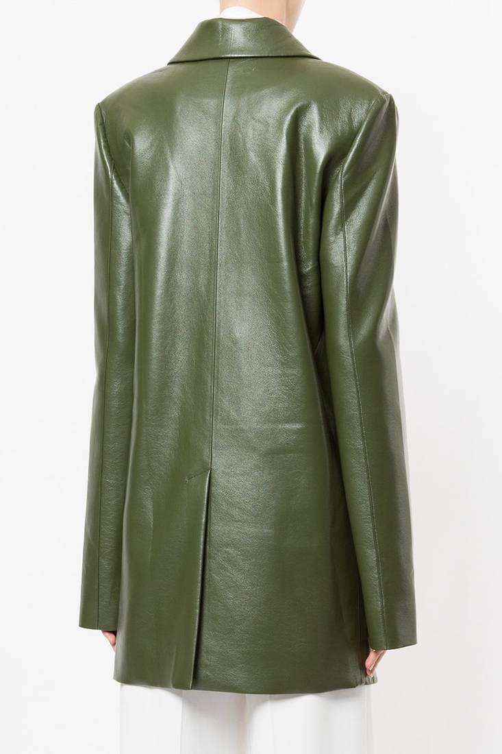 Women’s olive green real leather blazer jacket longline button front coat