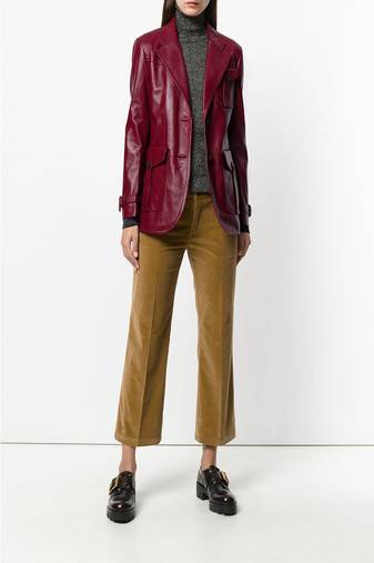 Women’s burgundy real leather blazer jacket classic button front coat