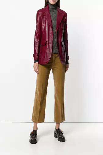 Women’s burgundy real leather blazer jacket classic button front coat