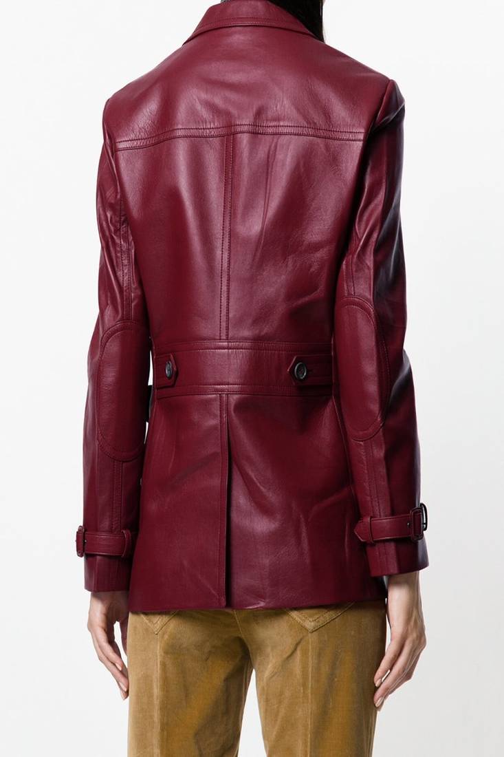 Women’s burgundy real leather blazer jacket classic button front coat