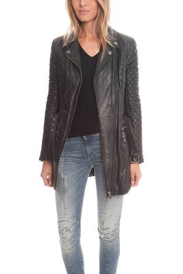 women's black quilted lambskin leather longline moto coat 1