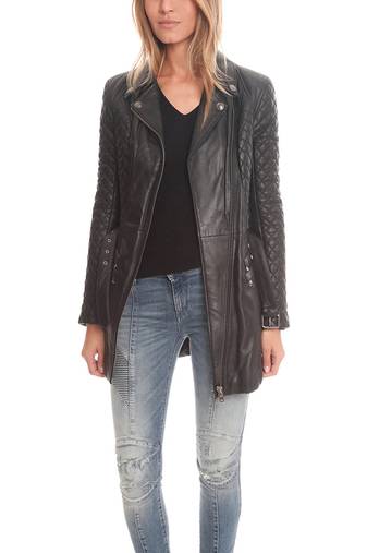 Women’s black quilted lambskin leather biker jacket longline moto coat