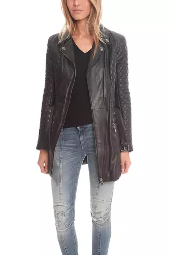 Women’s black quilted lambskin leather biker jacket longline moto coat