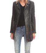 Women’s black quilted lambskin leather biker jacket longline moto coat