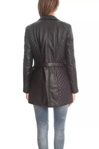 women's black quilted lambskin leather longline moto coat