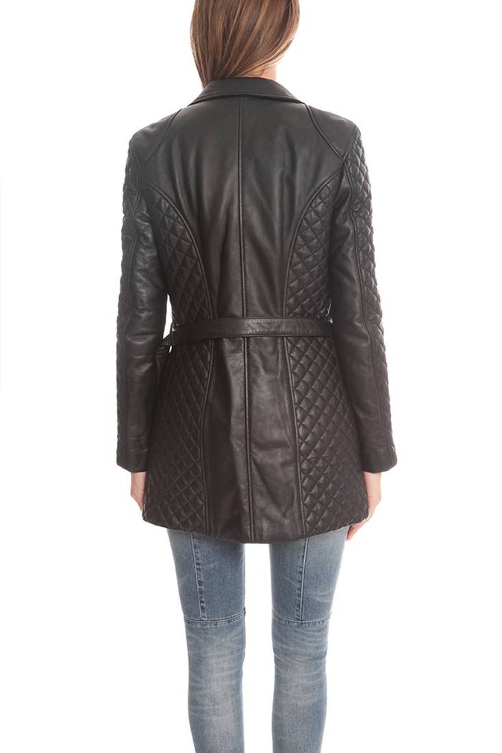 Women’s black quilted lambskin leather biker jacket longline moto coat