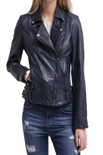 Women’s navy blue real leather biker jacket slim fit moto style