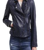 Women’s navy blue real leather biker jacket slim fit moto style