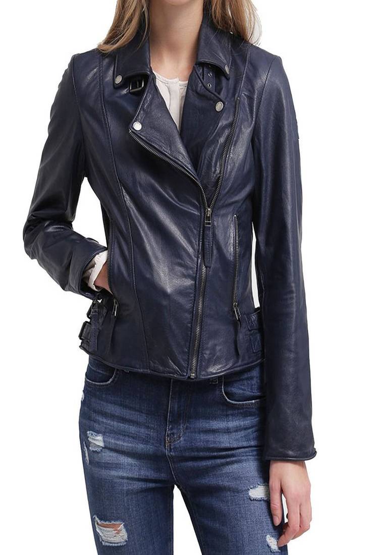 Women’s navy blue real leather biker jacket slim fit moto style
