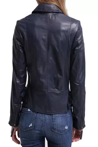 women's navy blue real leather moto biker jacket