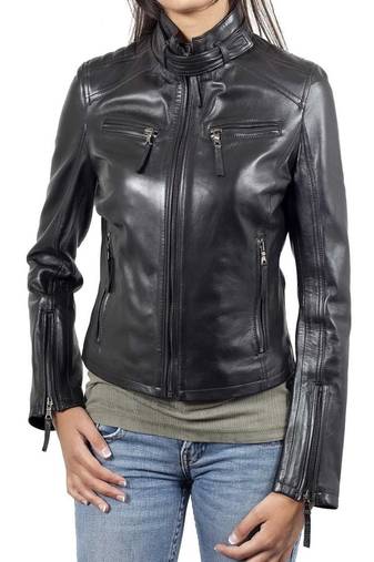 Women’s black moto leather jacket slim fit motorcycle style