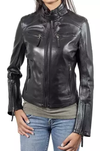 Women’s black moto leather jacket slim fit motorcycle style