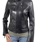 Women’s black moto leather jacket slim fit motorcycle style