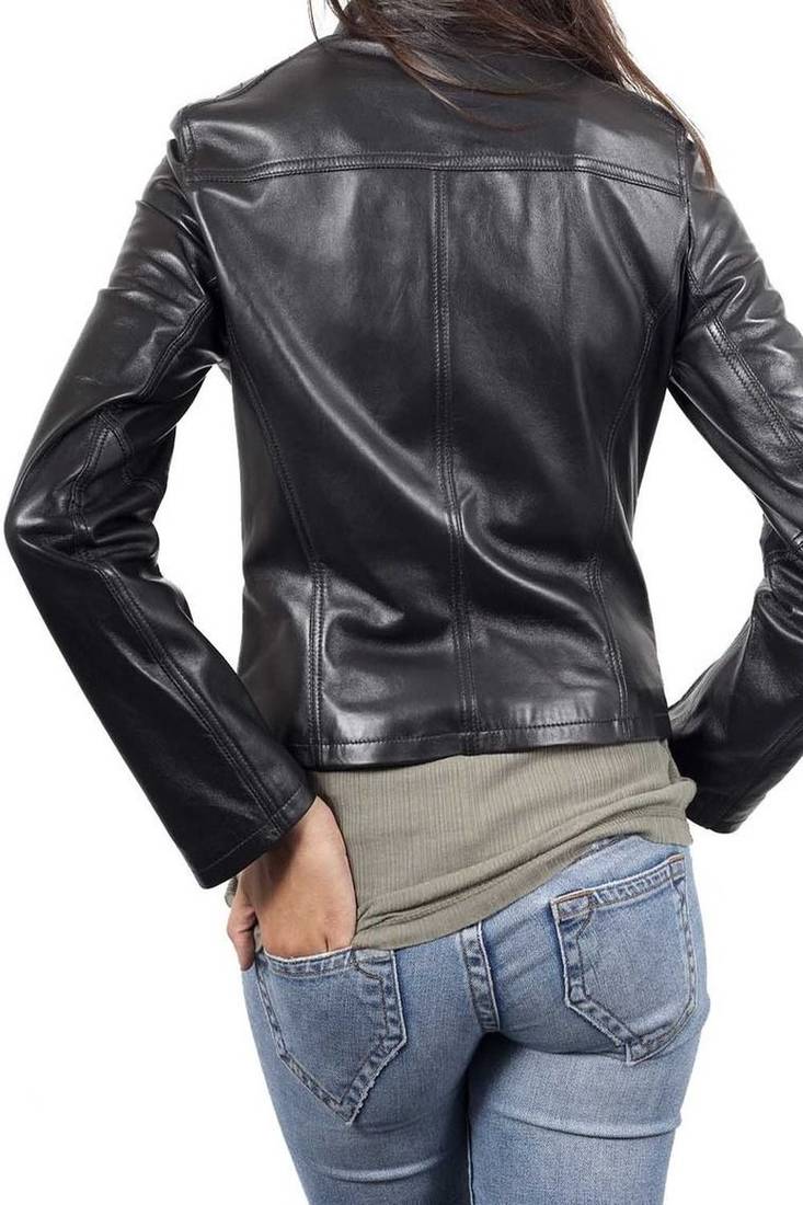 Women’s black moto leather jacket slim fit motorcycle style