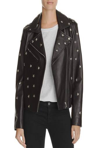 Women’s black star studded lamskin leather biker jacket stylish moto coat