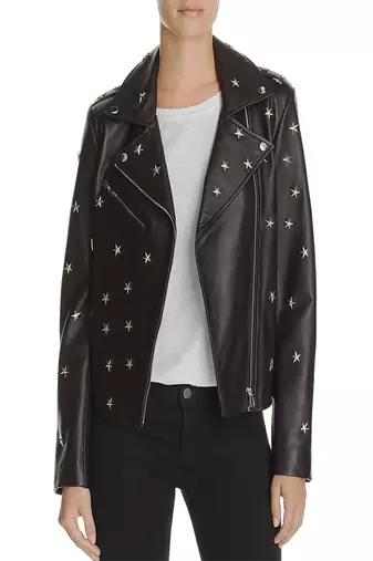 Women’s black star studded lamskin leather biker jacket stylish moto coat