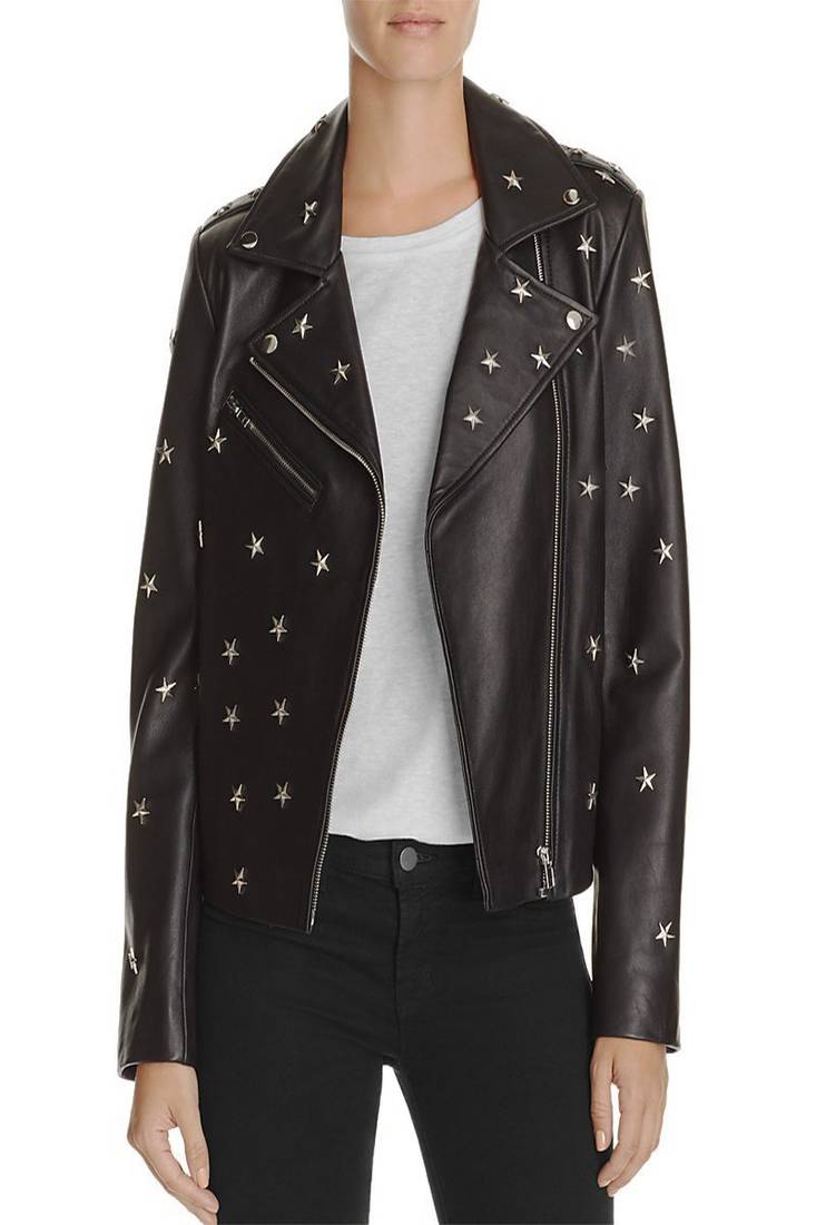 Women’s black star studded lamskin leather biker jacket stylish moto coat