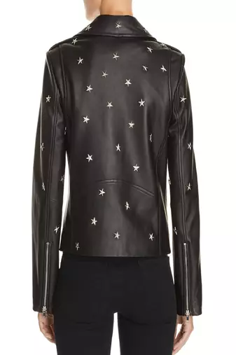 women's black star studded lambskin leather biker coat