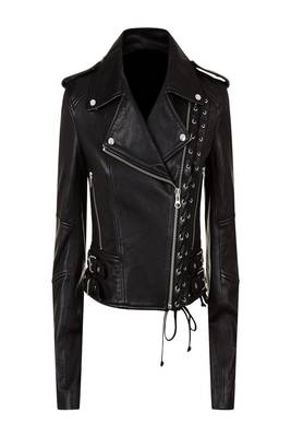 women's black lambskin leather lace up biker jacket 1