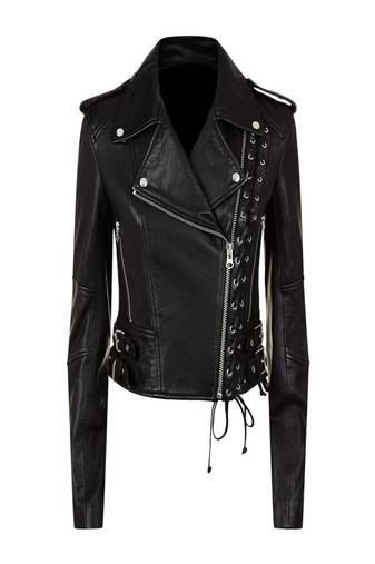 Women’s black lace-up lamskin leather biker jacket slim fit moto style