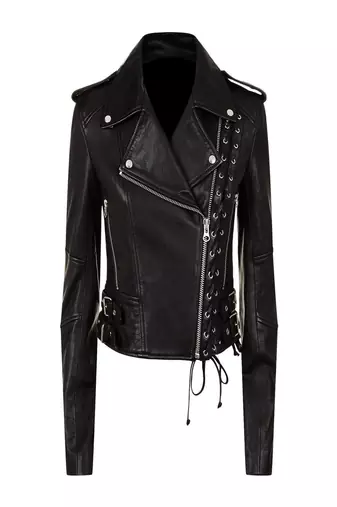 Women’s black lace-up lamskin leather biker jacket slim fit moto style