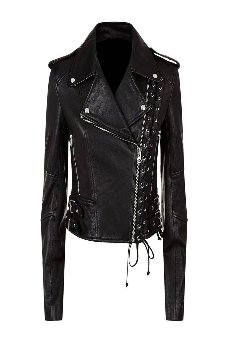 Women’s black lace-up lamskin leather biker jacket slim fit moto style