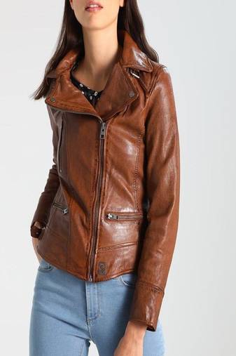 Women’s brown leather biker jacket classic moto style coat