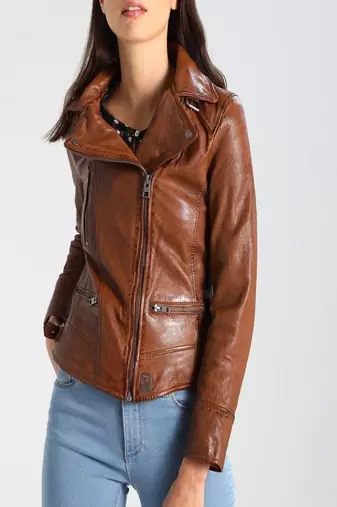 Women’s brown leather biker jacket classic moto style coat
