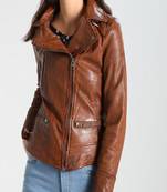 Women’s brown leather biker jacket classic moto style coat