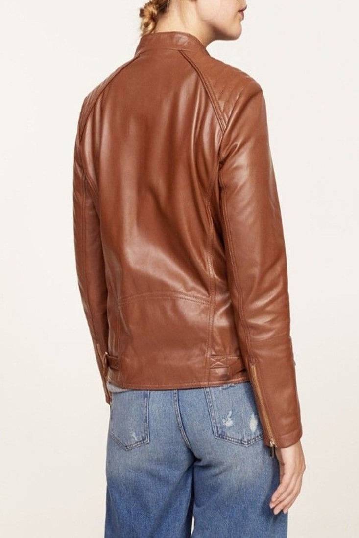 Women’s brown leather biker jacket classic moto style coat