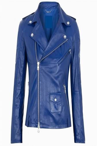Women’s blue real leather biker jacket slim fit moto style