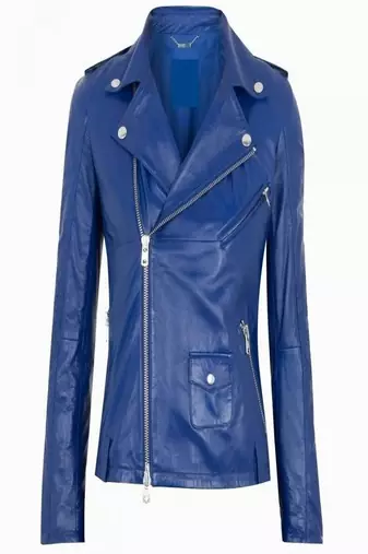 Women’s blue real leather biker jacket slim fit moto style