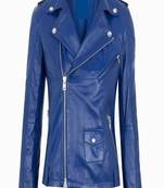 Women’s blue real leather biker jacket slim fit moto style