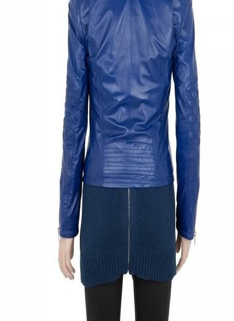 Women’s blue real leather biker jacket slim fit moto style