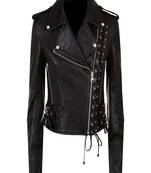Women’s black lambskin leather biker jacket asymmetrical zip lace-up detail slim fit