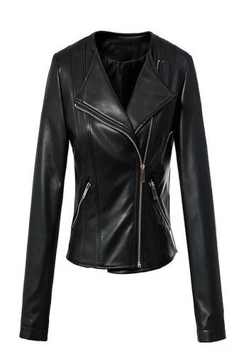 Women’s black real leather jacket slim fit asymmetrical zip biker coat