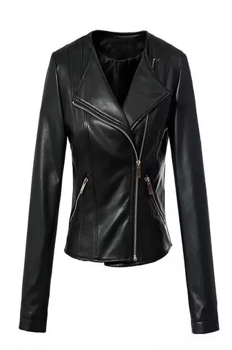 Women’s black real leather jacket slim fit asymmetrical zip biker coat